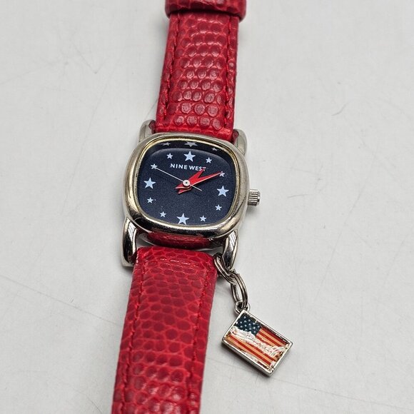 Nine West Womens Patriotic Watch With Red Faux Leather Strap Silver Tone Case - Picture 5 of 11